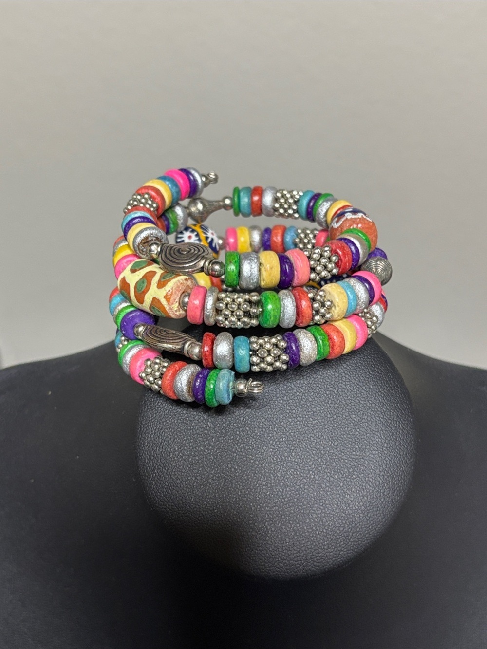 Colorful Hancrafted Mixed Media Beaded Wire Wrap Statement Bracelet